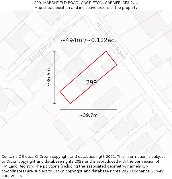 299, MARSHFIELD ROAD, CASTLETON, CARDIFF, CF3 2UU: Plot and title map