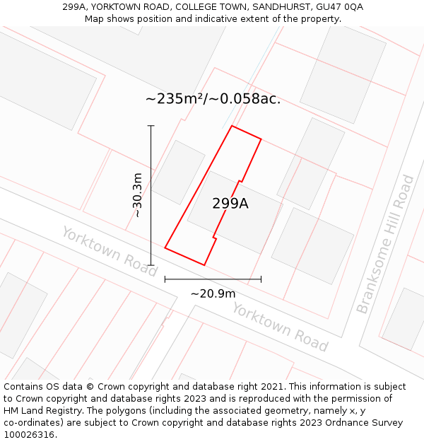 299A, YORKTOWN ROAD, COLLEGE TOWN, SANDHURST, GU47 0QA: Plot and title map