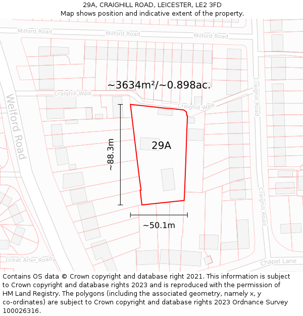 29A, CRAIGHILL ROAD, LEICESTER, LE2 3FD: Plot and title map