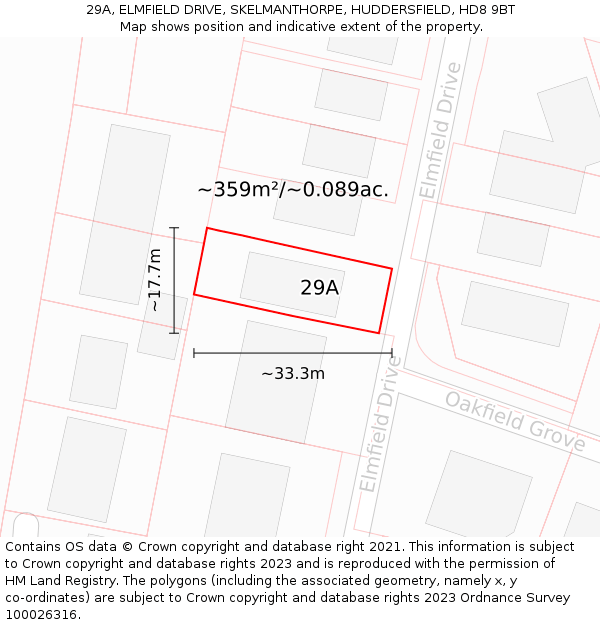 29A, ELMFIELD DRIVE, SKELMANTHORPE, HUDDERSFIELD, HD8 9BT: Plot and title map