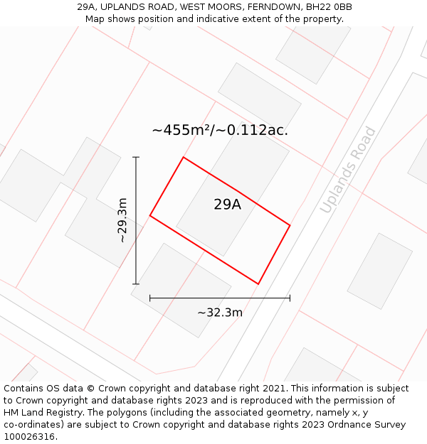 29A, UPLANDS ROAD, WEST MOORS, FERNDOWN, BH22 0BB: Plot and title map