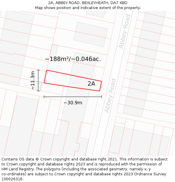 2A, ABBEY ROAD, BEXLEYHEATH, DA7 4BD: Plot and title map