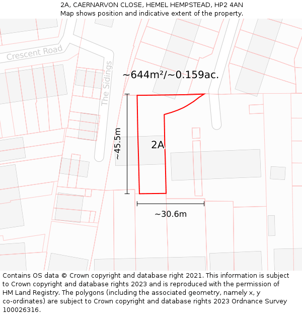 2A, CAERNARVON CLOSE, HEMEL HEMPSTEAD, HP2 4AN: Plot and title map