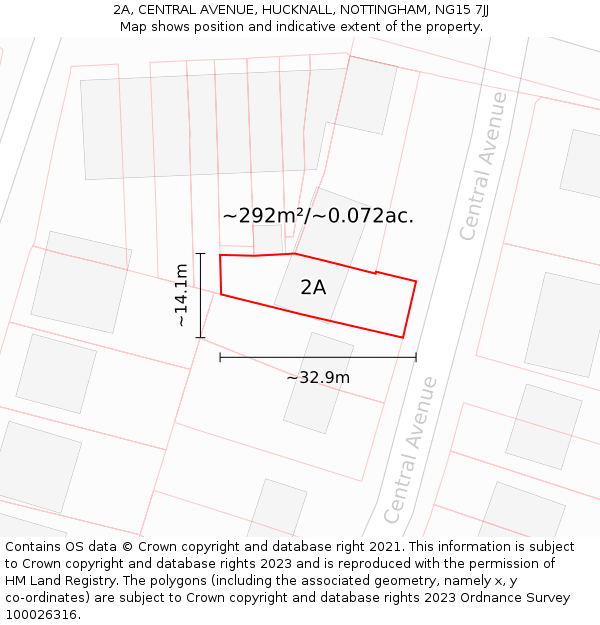 2A, CENTRAL AVENUE, HUCKNALL, NOTTINGHAM, NG15 7JJ: Plot and title map