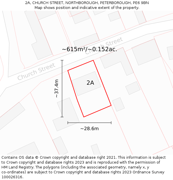 2A, CHURCH STREET, NORTHBOROUGH, PETERBOROUGH, PE6 9BN: Plot and title map