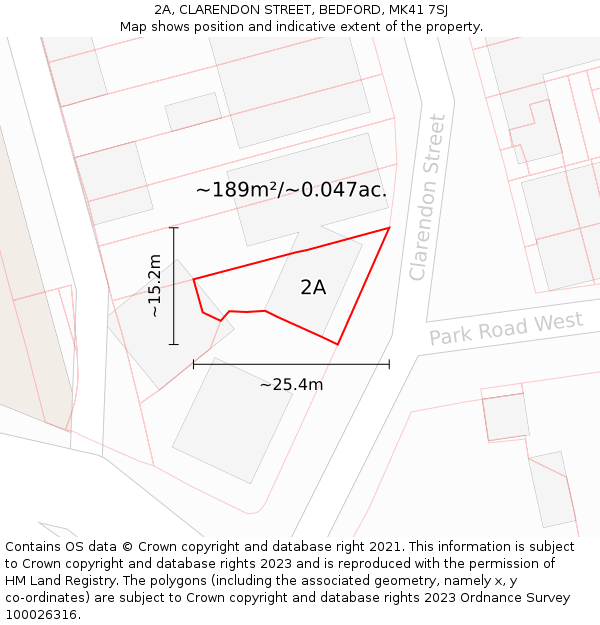 2A, CLARENDON STREET, BEDFORD, MK41 7SJ: Plot and title map