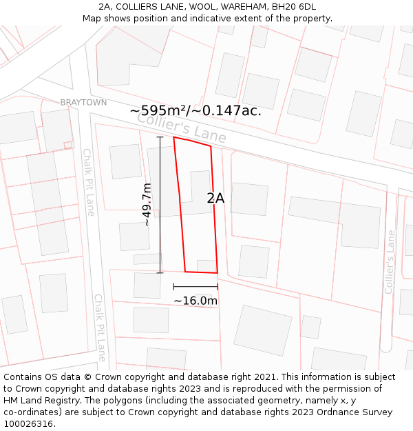 2A, COLLIERS LANE, WOOL, WAREHAM, BH20 6DL: Plot and title map