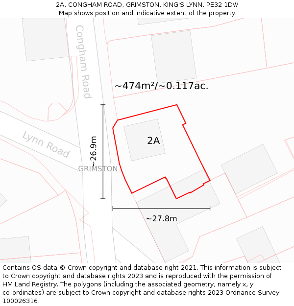 2A, CONGHAM ROAD, GRIMSTON, KING'S LYNN, PE32 1DW: Plot and title map