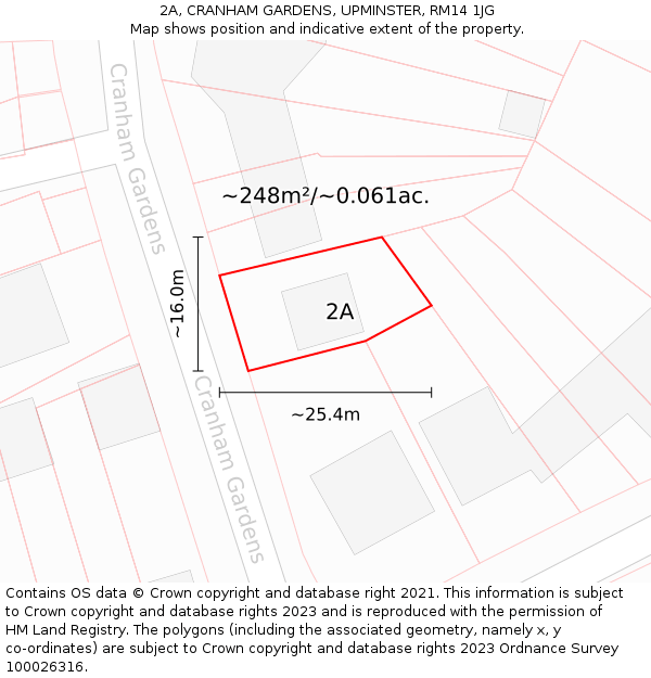 2A, CRANHAM GARDENS, UPMINSTER, RM14 1JG: Plot and title map