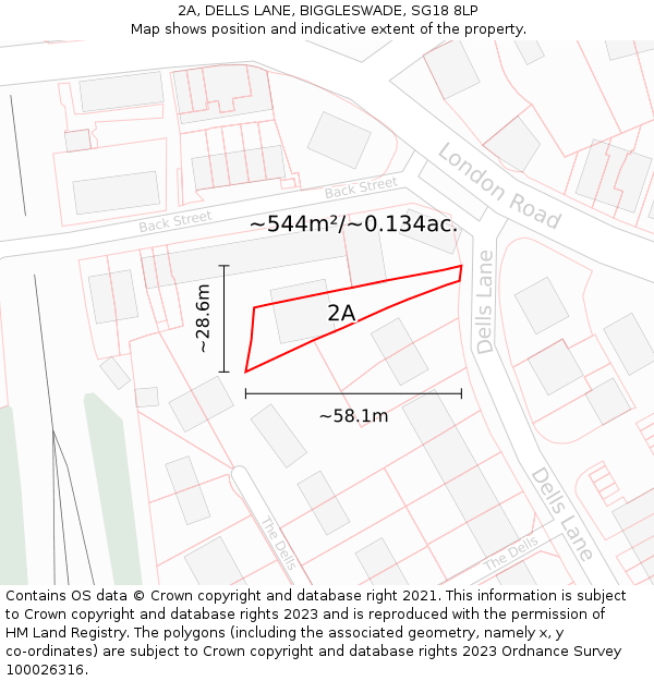 2A, DELLS LANE, BIGGLESWADE, SG18 8LP: Plot and title map