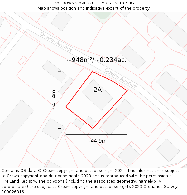 2A, DOWNS AVENUE, EPSOM, KT18 5HG: Plot and title map