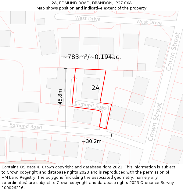 2A, EDMUND ROAD, BRANDON, IP27 0XA: Plot and title map