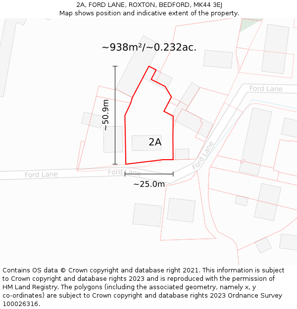 2A, FORD LANE, ROXTON, BEDFORD, MK44 3EJ: Plot and title map