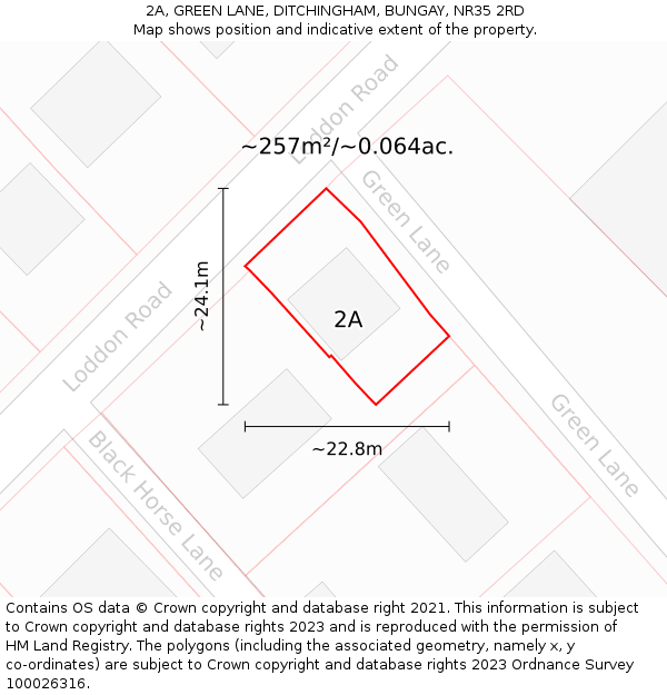 2A, GREEN LANE, DITCHINGHAM, BUNGAY, NR35 2RD: Plot and title map