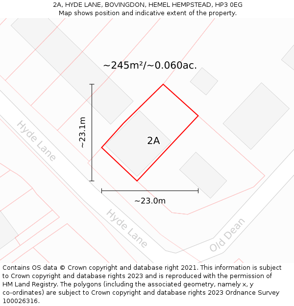 2A, HYDE LANE, BOVINGDON, HEMEL HEMPSTEAD, HP3 0EG: Plot and title map