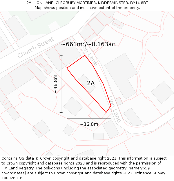 2A, LION LANE, CLEOBURY MORTIMER, KIDDERMINSTER, DY14 8BT: Plot and title map