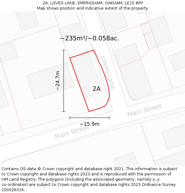 2A, LOVES LANE, EMPINGHAM, OAKHAM, LE15 8PP: Plot and title map