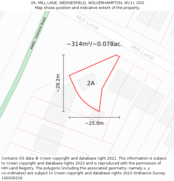 2A, MILL LANE, WEDNESFIELD, WOLVERHAMPTON, WV11 1DG: Plot and title map