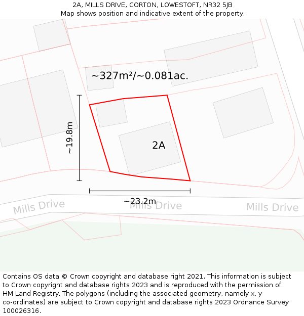 2A, MILLS DRIVE, CORTON, LOWESTOFT, NR32 5JB: Plot and title map