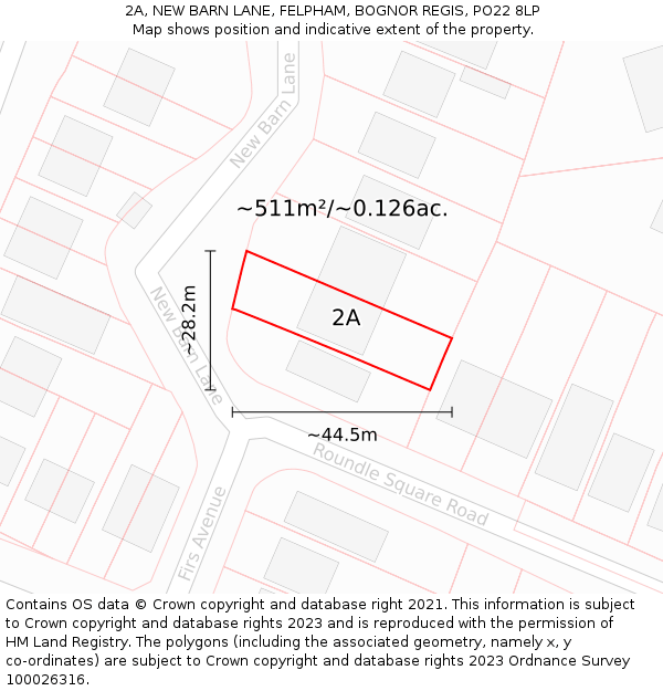 2A, NEW BARN LANE, FELPHAM, BOGNOR REGIS, PO22 8LP: Plot and title map