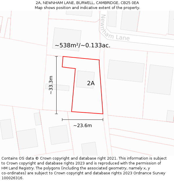 2A, NEWNHAM LANE, BURWELL, CAMBRIDGE, CB25 0EA: Plot and title map