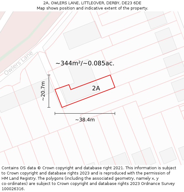 2A, OWLERS LANE, LITTLEOVER, DERBY, DE23 6DE: Plot and title map