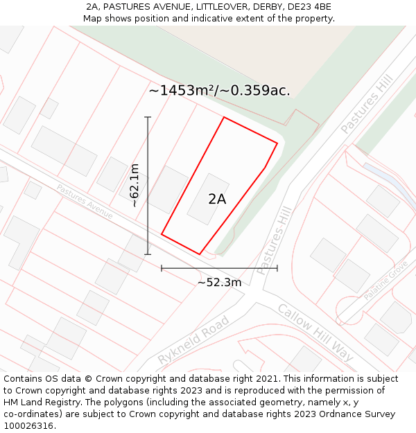 2A, PASTURES AVENUE, LITTLEOVER, DERBY, DE23 4BE: Plot and title map
