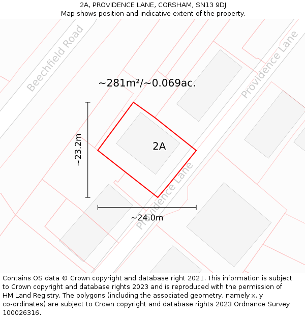 2A, PROVIDENCE LANE, CORSHAM, SN13 9DJ: Plot and title map