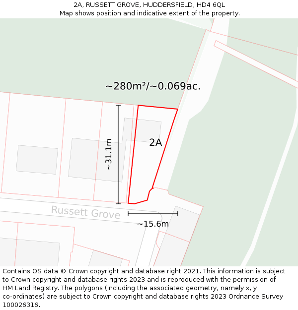 2A, RUSSETT GROVE, HUDDERSFIELD, HD4 6QL: Plot and title map