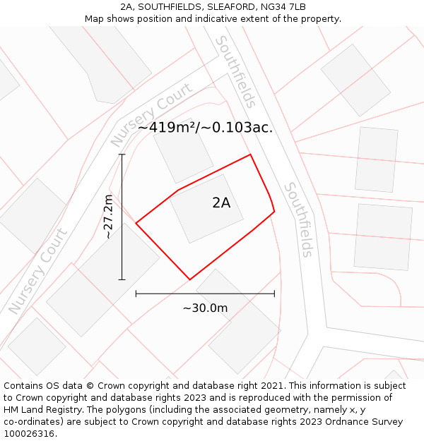 2A, SOUTHFIELDS, SLEAFORD, NG34 7LB: Plot and title map