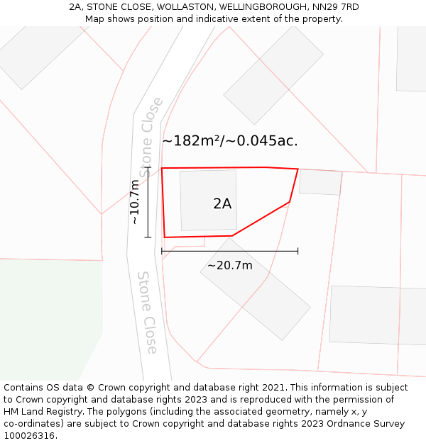 2A, STONE CLOSE, WOLLASTON, WELLINGBOROUGH, NN29 7RD: Plot and title map