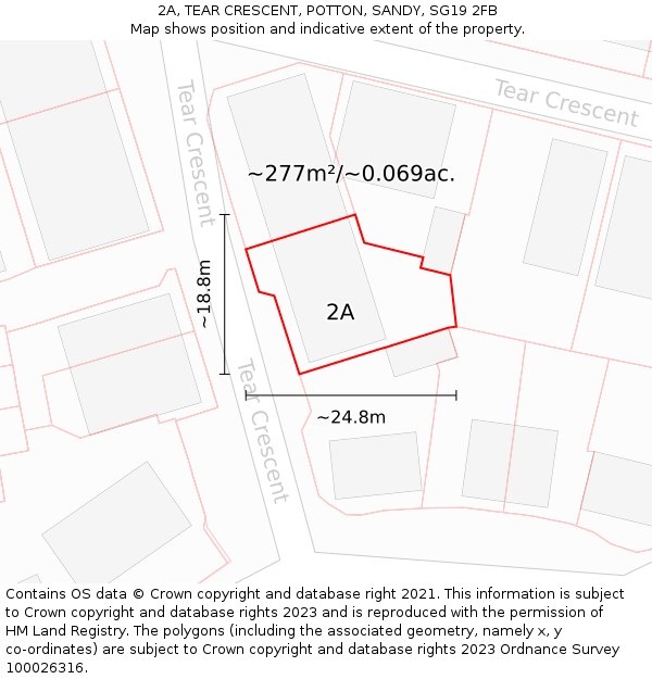 2A, TEAR CRESCENT, POTTON, SANDY, SG19 2FB: Plot and title map
