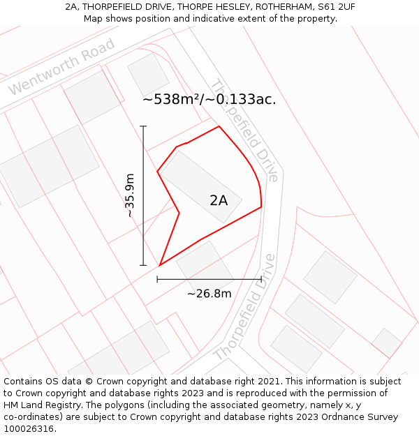 2A, THORPEFIELD DRIVE, THORPE HESLEY, ROTHERHAM, S61 2UF: Plot and title map