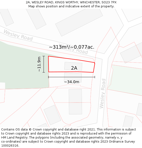 2A, WESLEY ROAD, KINGS WORTHY, WINCHESTER, SO23 7PX: Plot and title map