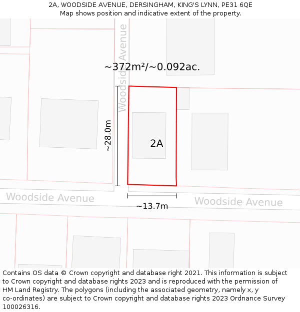 2A, WOODSIDE AVENUE, DERSINGHAM, KING'S LYNN, PE31 6QE: Plot and title map