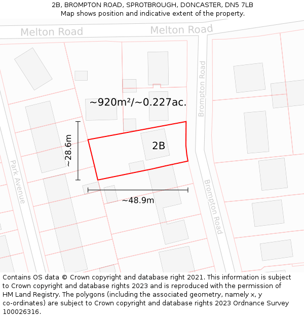 2B, BROMPTON ROAD, SPROTBROUGH, DONCASTER, DN5 7LB: Plot and title map