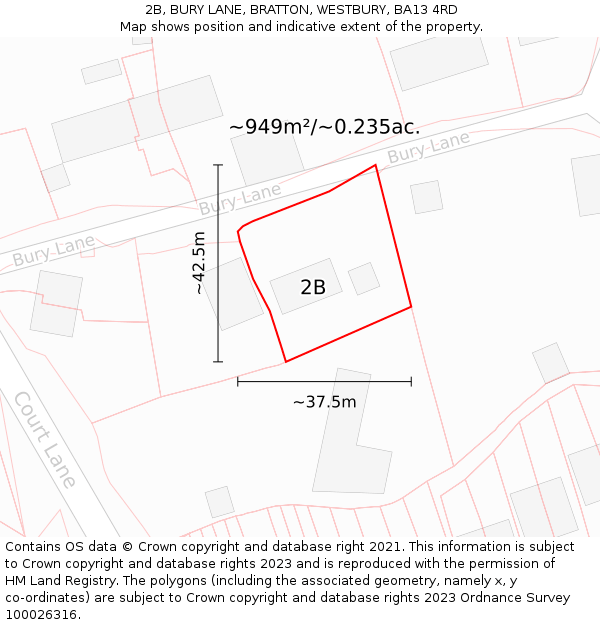 2B, BURY LANE, BRATTON, WESTBURY, BA13 4RD: Plot and title map
