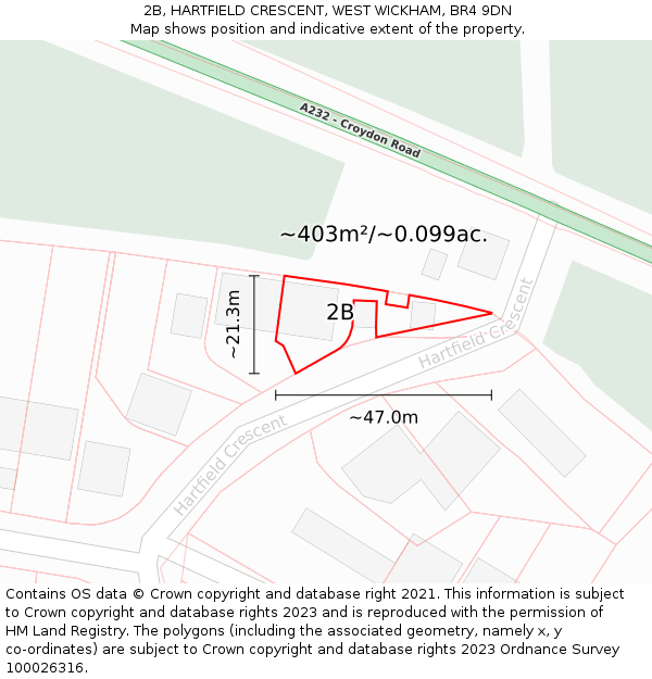 2B, HARTFIELD CRESCENT, WEST WICKHAM, BR4 9DN: Plot and title map