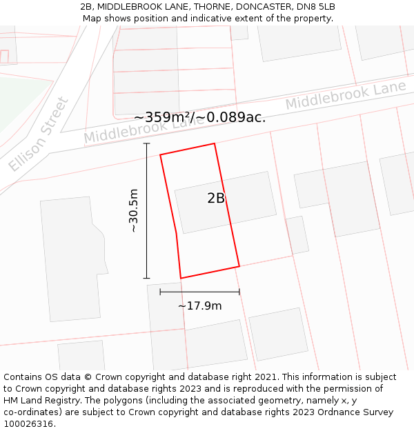 2B, MIDDLEBROOK LANE, THORNE, DONCASTER, DN8 5LB: Plot and title map