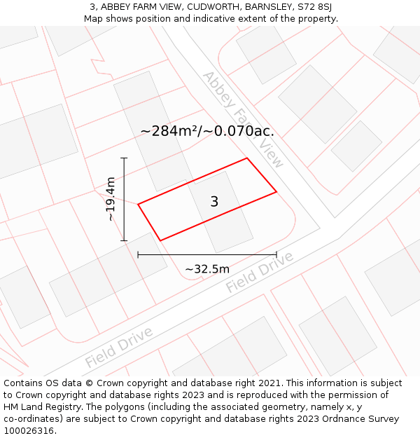 3, ABBEY FARM VIEW, CUDWORTH, BARNSLEY, S72 8SJ: Plot and title map
