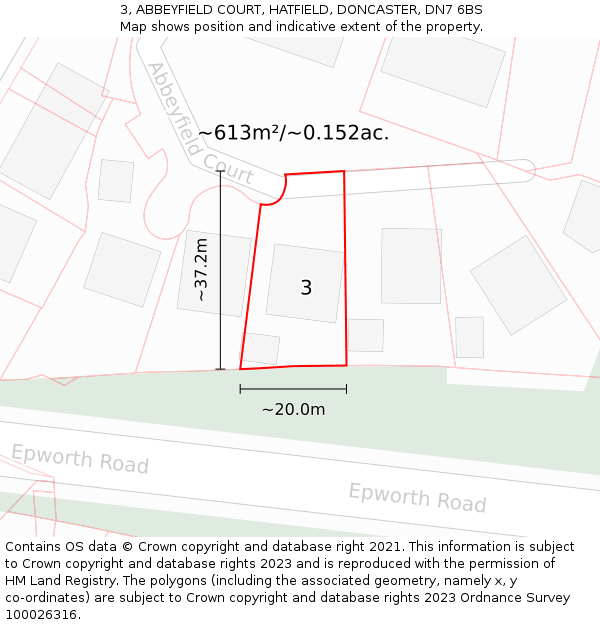 3, ABBEYFIELD COURT, HATFIELD, DONCASTER, DN7 6BS: Plot and title map