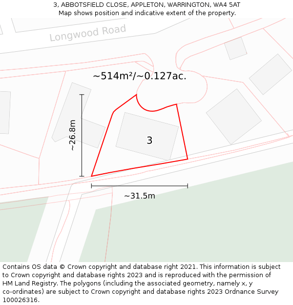 3, ABBOTSFIELD CLOSE, APPLETON, WARRINGTON, WA4 5AT: Plot and title map