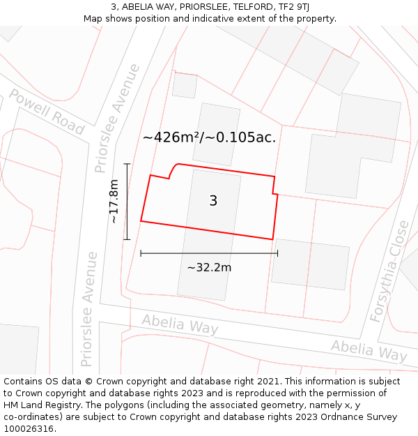 3, ABELIA WAY, PRIORSLEE, TELFORD, TF2 9TJ: Plot and title map
