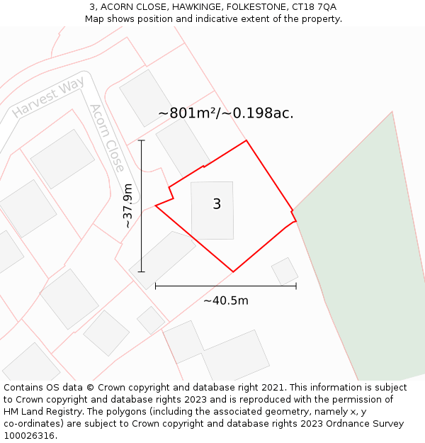 3, ACORN CLOSE, HAWKINGE, FOLKESTONE, CT18 7QA: Plot and title map