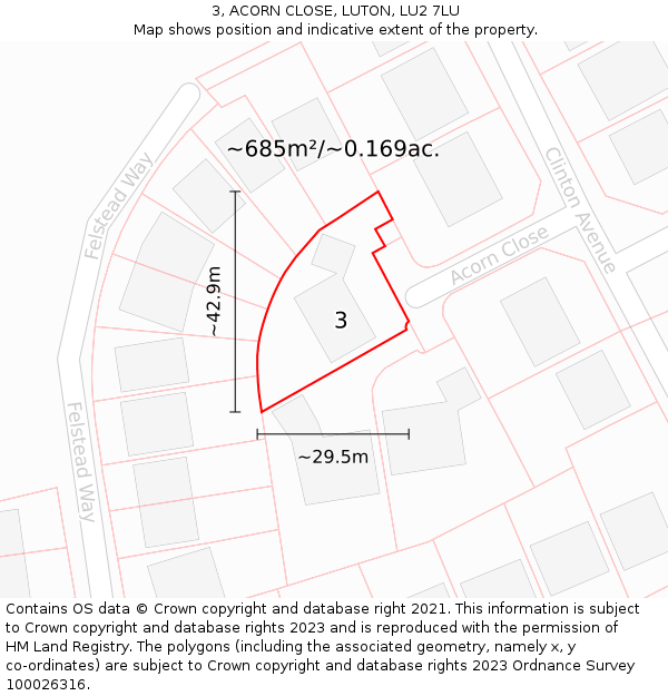 3, ACORN CLOSE, LUTON, LU2 7LU: Plot and title map