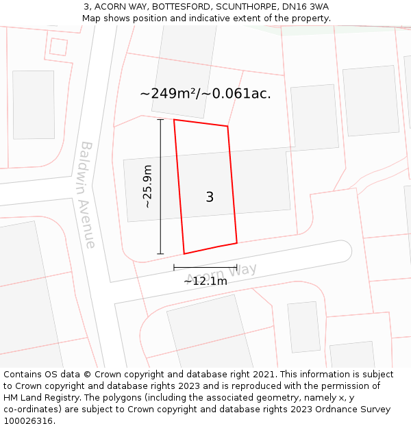 3, ACORN WAY, BOTTESFORD, SCUNTHORPE, DN16 3WA: Plot and title map