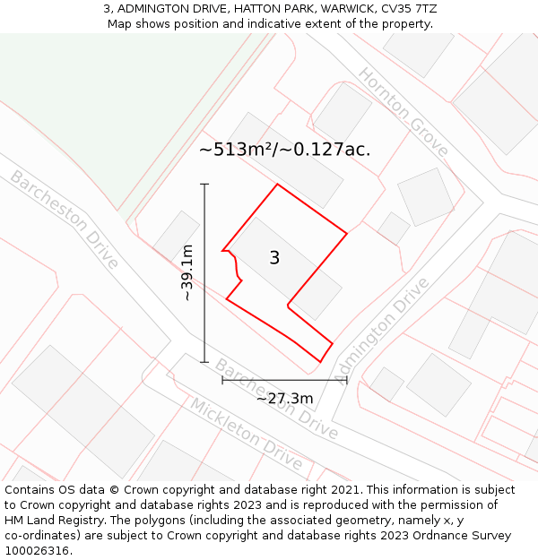 3, ADMINGTON DRIVE, HATTON PARK, WARWICK, CV35 7TZ: Plot and title map