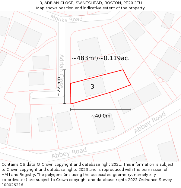 3, ADRIAN CLOSE, SWINESHEAD, BOSTON, PE20 3EU: Plot and title map