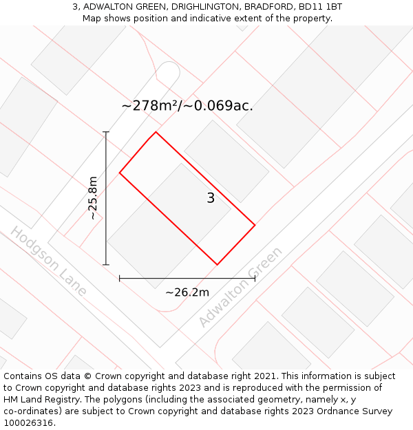3, ADWALTON GREEN, DRIGHLINGTON, BRADFORD, BD11 1BT: Plot and title map