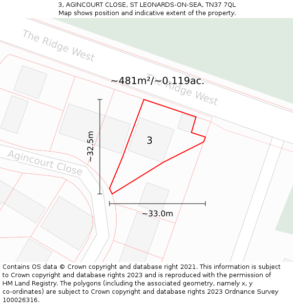 3, AGINCOURT CLOSE, ST LEONARDS-ON-SEA, TN37 7QL: Plot and title map